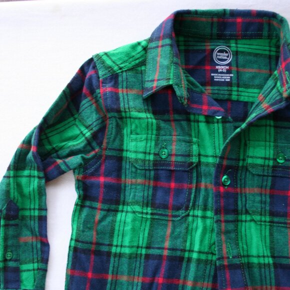 GREEN FALL FLANNEL BUTTON DOWN SHIRT PLAID BOYS 4 5 XS WARM AUTUMN LAYERING TOP - Picture 6 of 12